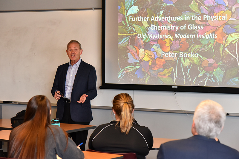 Dr. Peter Bocko -- a 1975 SUNY Oswego graduate, longtime chief technology officer for Corning Class and now teaching at Cornell University -- presenting