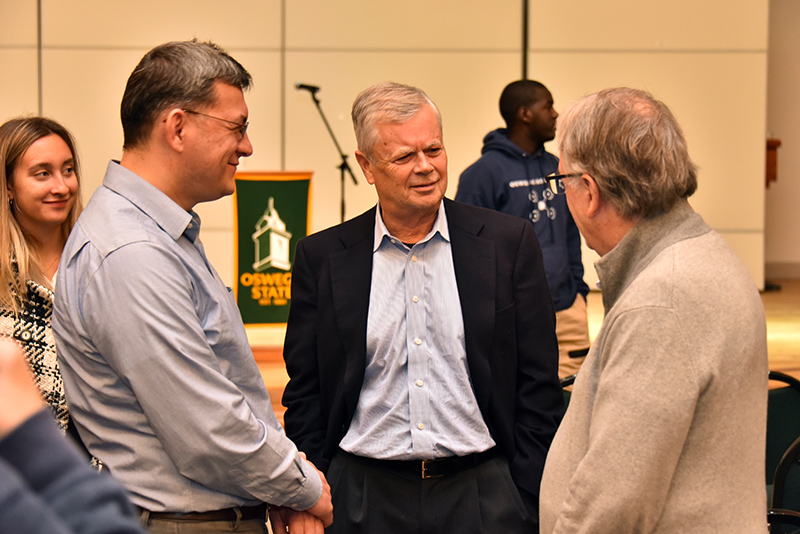 Award-winning journalist and author Stephen Kinzer (center) was the Oct. 12 keynote speaker for this year's Hart Hall Global Awareness Conference