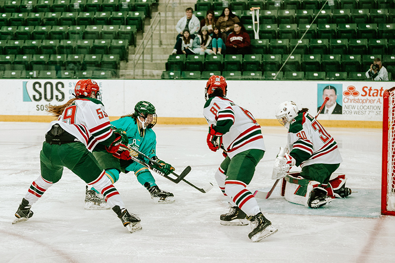 Junior forward Leah Czerwinski (#17) shoots the puck as the Laker women’s hockey team opened the season with an exhibition game against the London Jr. Devilettes