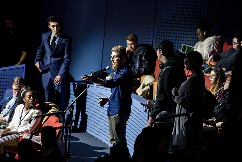 Student Ethan Magram asks a question to the Lewis B. O’Donnell Media Summit panelists