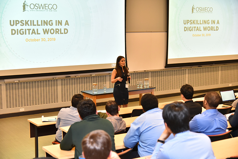 Dianora De Marco offers opening remarks at the Oct. 30 Upskilling in a Digital World event