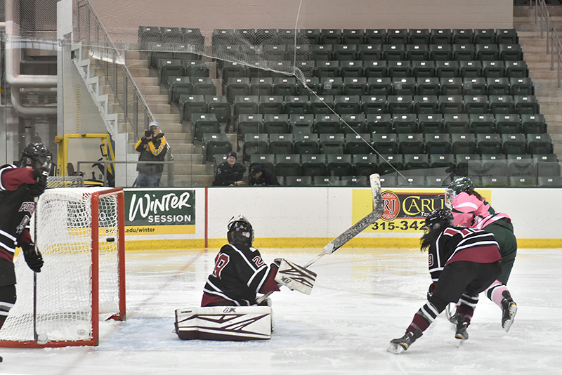 Women's hockey player Sara Cruise scores a goal