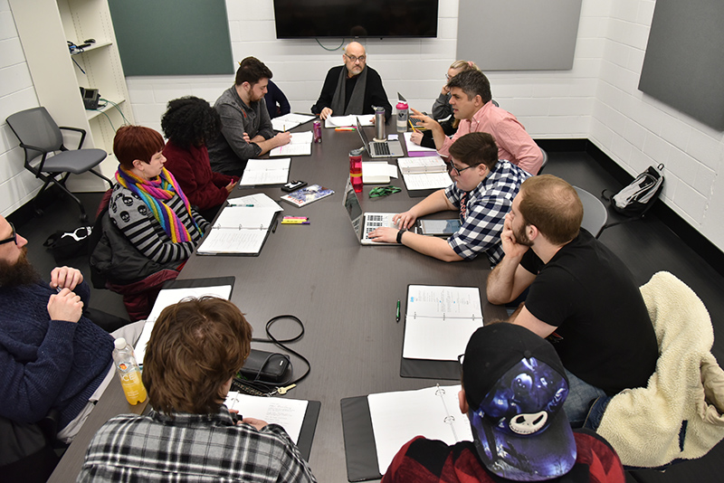 Cast and crew work on a pre-production group reading for Kill Shakespeare, a live performance of a popular graphic novel