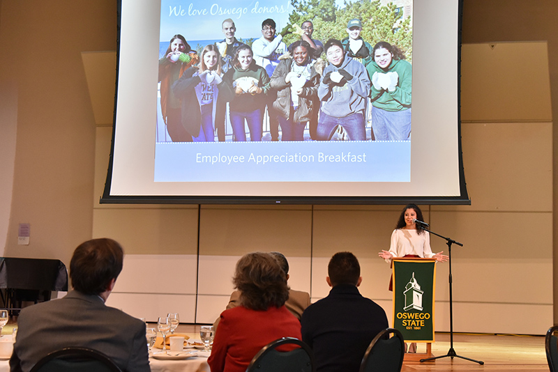 Monica Espada, senior class gift coordinator, served as emcee of the donor appreciation breakfast, thanking donors for supporting all of the scholarship programs that enable students to continue in their career paths