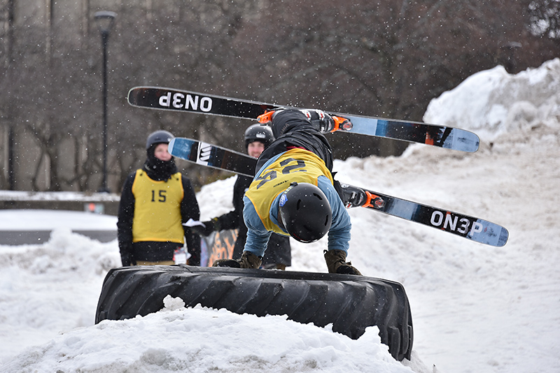 Students from the Oswego Ski and Snowboard Club like Jonathan Goodman found a number of ways to showcase their abilities and creativity during the Feb. 28 Rail Jam.