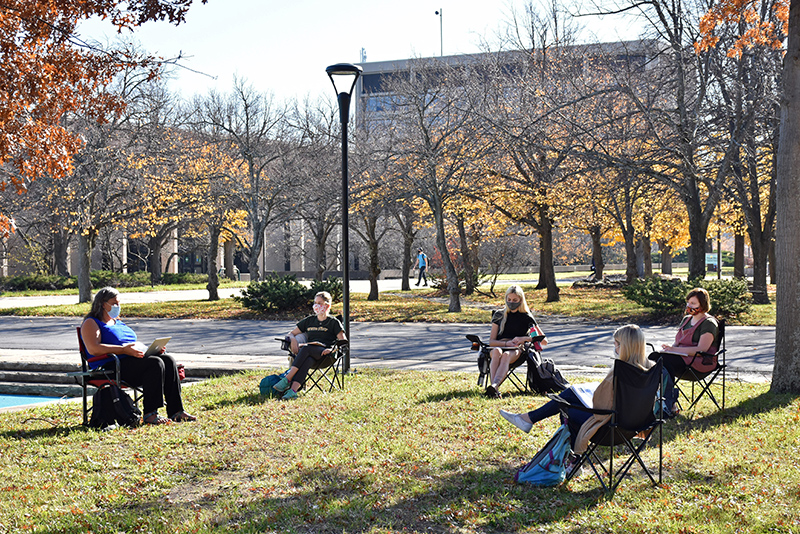 Political science professor Lisa Glidden has been among the faculty making use of outdoor teaching spaces this semester when the weather allowed, which was well into November.