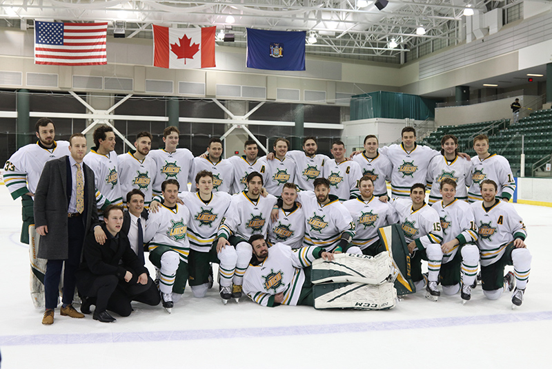 The Oswego men’s hockey team recognized its seniors after a 4-1 win over Fredonia on Feb. 22. 