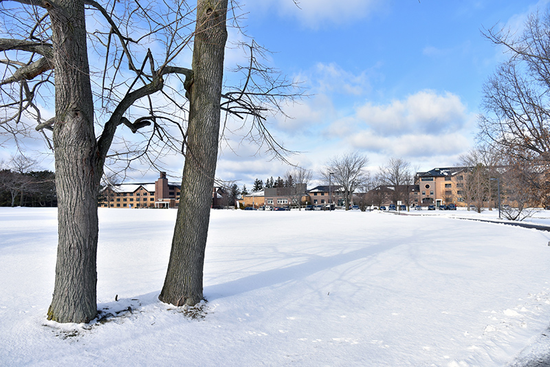 Last week's snowfall blankets the Lee Hall athletic field in this view toward Johnson and Riggs halls along the shore of Lake Ontario.