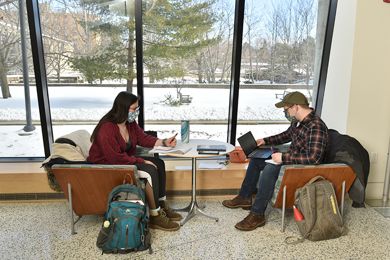 Taking advantage of one of these semi-private Oz Spots meeting and study areas open for use by anyone, this one in Tyler Hall lobby, are Floyd Bourgeois, an adolescence education major, and Halley Dellostritto, a studio art major