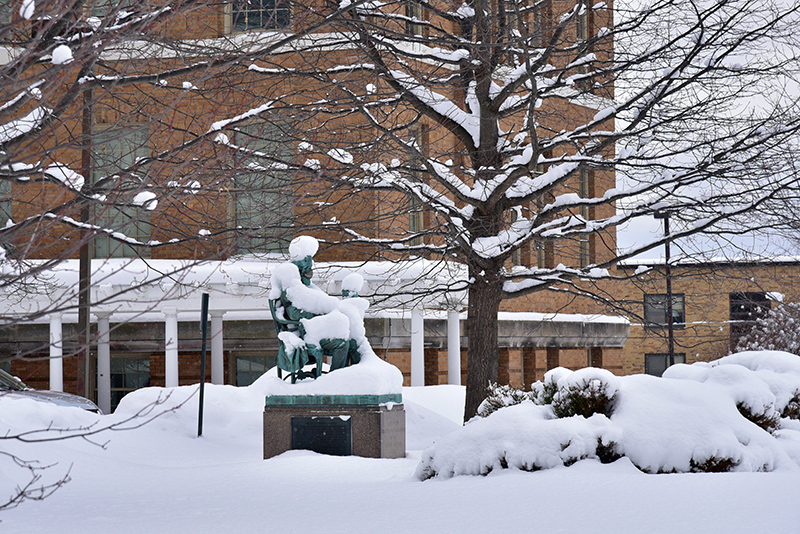 One of Oswego's first significant snows of the season drapes the Sheldon statue in snow Feb. 11