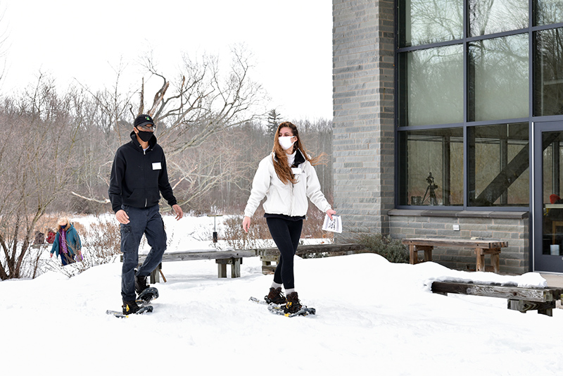 Self-guided snowshoeing was a featured activity Feb. 24 during the first Wellness Day at Rice Creek Field Station. Enjoying the outdoor experience are Matthew Broadnax, a freshman zoology major, and Nicole Rose, a junior zoology major and sustainability minor. 