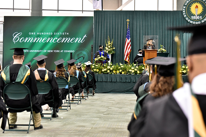 SUNY Oswego President Deborah F. Stanley expresses encouragement and praise for the students during her Charge to the Graduates at the May 14 Commencement.