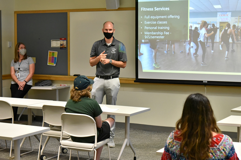 As part of the July 28 Summer Sophomore Orientation Program, Brian Wallace (pictured), manager of Campus Fitness Centers and an adjunct instructor, and Shelly Sloan (off camera), health promotion coordinator for the Dean of Students Office, talked to students about available campus health services and numerous fitness center opportunities.