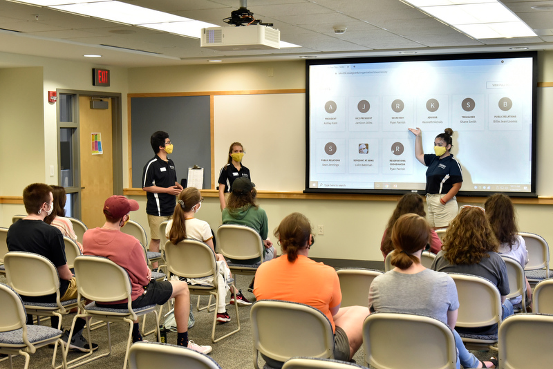 Laker Leaders talk to an audience of fellow students July 28 during SUNY Oswego's first-ever Summer Sophomore Orientation Program about "Getting Involved: Bring campus back to life," which describes details of student involvement opportunities. 