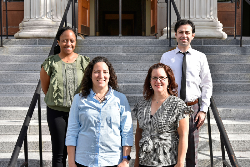 The college recently welcomed new tenure-track faculty who started in 2020-21 from the School of Business and the College of Liberal Arts and Sciences, as well as a PRODiG Fellow. In back from left are StaceyAnn Reid, PRODiG Fellow in psychology, and Mohammad Tajvarpour from marketing and management. In front from left are Vanessa Maike of computer science and Heather Losi of accounting, finance and law.