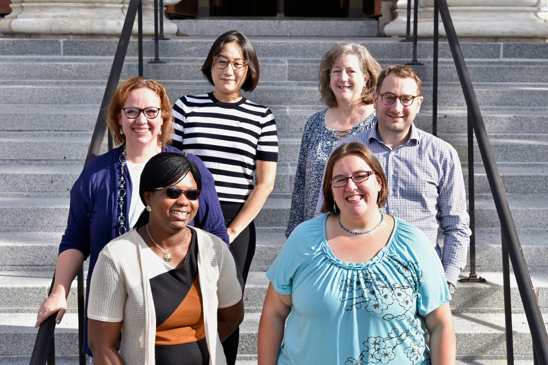 The college recently welcomed several new visiting assistant professors including, front from left, Genevieve Alorbi, economics, and Linda Paris, technology education. Middle row from left are Sarah Fleming, curriculum and instruction, and Steven Mzzoccone, theatre. In back are from left, Ah Ram Lee, counseling and psychological services, and Stacey Pope, curriculum and instruction.