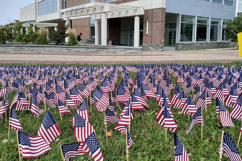 An annual display of American flags outside Marano Campus Center serves as remembrance of the 2,976 victims of the Sept. 11, 2001 terrorist attacks.