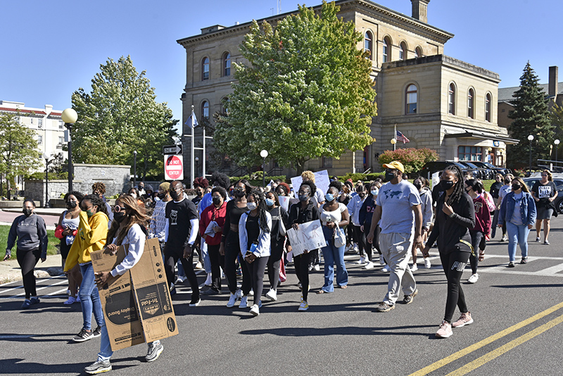 The ALANA Peace Walk on Sept. 26 began at Oswego City Hall with remarks followed by proceeding to Marano Campus Center