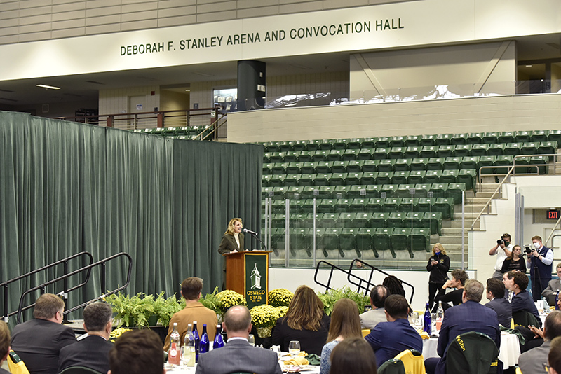 College President Deborah F. Stanley speaks Oct. 1 during SUNY Oswego’s Founder’s Weekend luncheon during an event officially dedicating the "Deborah. F. Stanley Arena and Convocation Hall" in Marano Campus Center. 