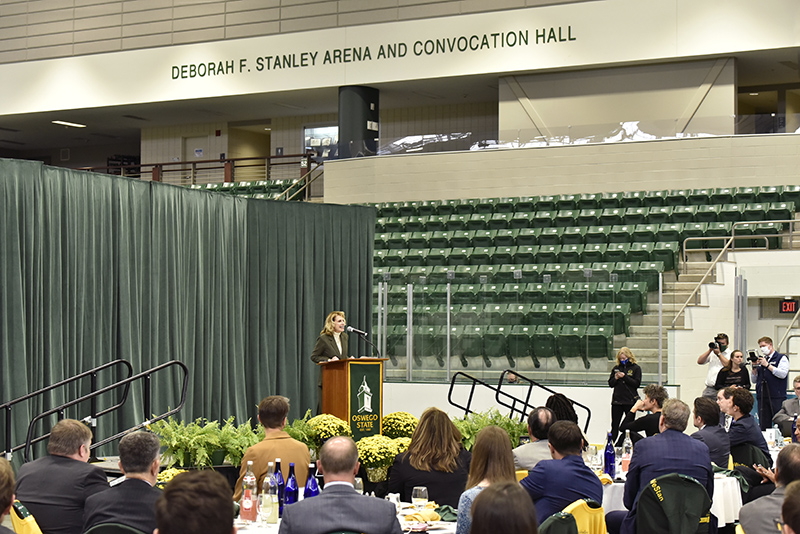 College President Deborah F. Stanley speaks Oct. 1 during SUNY Oswego’s Founder’s Weekend luncheon during an event officially dedicating the "Deborah. F. Stanley Arena and Convocation Hall" in Marano Campus Center.