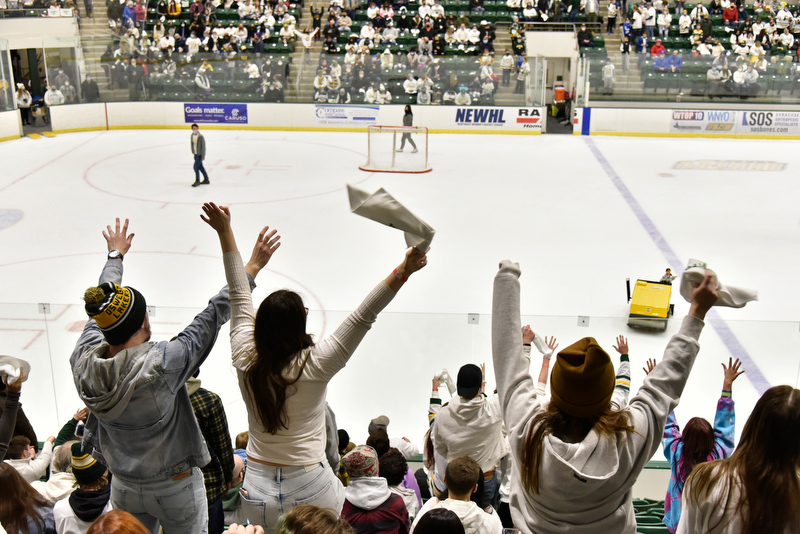 The ever-popular Mini Zamboni provided entertainment along with launching T-shirts into the crowd between periods in the men's hockey whiteout game with Plattsburgh on Jan. 22. 