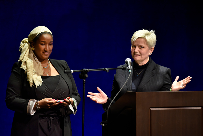 Providing the "call to action" during the Martin Luther King Jr. Celebration is Kendra Cadogan (left) – interim Chief Diversity and Inclusion Officer and interim director of the Institute for Equity, Diversity, Inclusion and Transformative Practice – and Mary Toale, SUNY Oswego Officer in Charge.