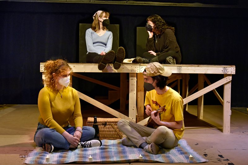 Shown in a rehearsal image for "A Play Where Nothing Happens" are, top from left, Natalie Griffin and Anastasia West, and, bottom from left, Claire Bosley and Kieran McCormack.