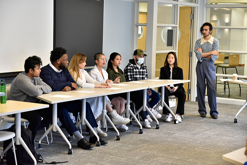 Student and Laker Leader Kaushal Joshi (standing) leads a panel discussion with international students on "A Sense of Belonging: Resources and Experiences that Help International Students Thrive and Feel Connected at SUNY Oswego." The Quest presentation was sponsored by the college's Institute for Equity, Diversity, Inclusion and Transformative Practice.