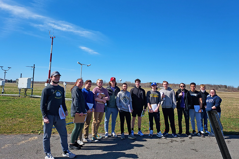 The Meteorology 350L class took a trip to the Oswego County Airport April 12 to look at the meteorological instruments that aid aviation and serve as weather observations for the public. (Photo provided by Katelyn Barber, atmospheric and geological sciences)