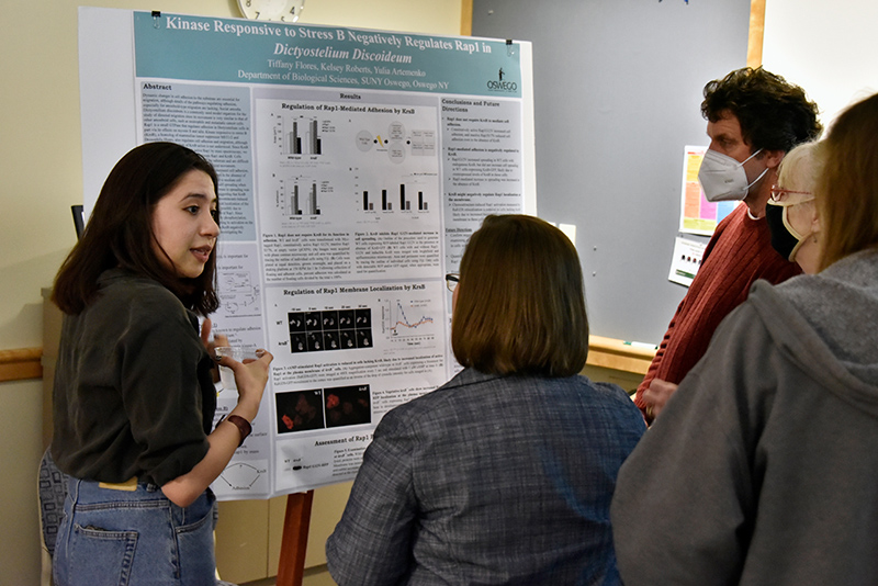 Tiffany Flores talks with Kristin Croyle, dean for the College of Liberal Arts and Sciences, about her biology research during the (Collegiate Science and Technology Entry Program) CSTEP Student Showcase. Her study, "Kinase responsive to stress B negatively regulates Rap1 in dictyostelium discoideum," examines a species of soil-dwelling amoeba that transitions in its life cycle from a collection of unicellular amoebae into a multicellular slug and then into a fruiting body within its lifetime.