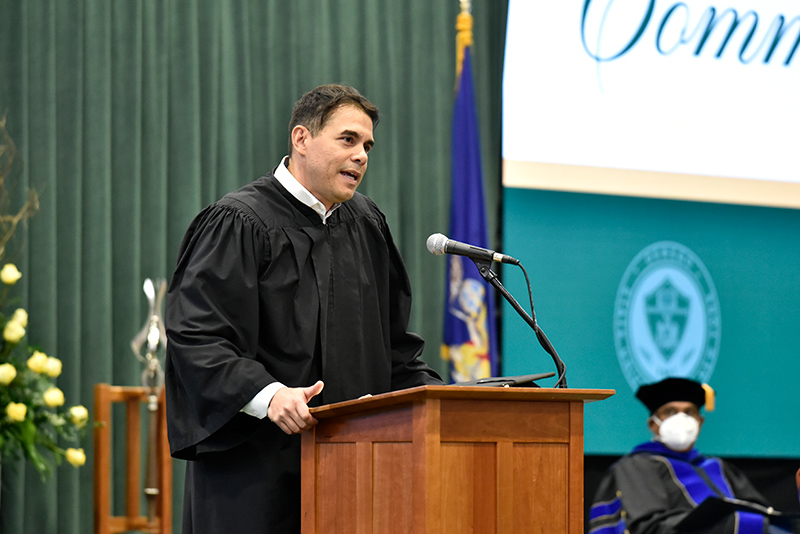 Jason T. Serrano, a 1997 SUNY Oswego graduate and chief executive officer and president of New York Mortgage Trust Inc., addressed the graduates of the School of Business at the 12:30 p.m. Commencement ceremony.