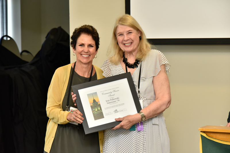 Jean Palkowski Edminster (right) ’70 – a highly engaged community volunteer and activist for several nonprofits and charitable organizations – received the Community Service Award during the Golden Alumni Society Reception and Luncheon held in Marano Campus Center during Reunion. Presenting the award is Mary Canale, vice president for development and alumni engagement.