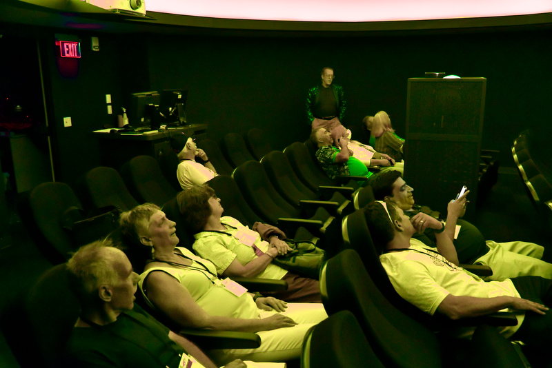 Planetarium director Scott Roby (in back) gave shows to Reunion audiences where he explained the history of the Oswego campus planetarium from its beginning as an analog projector in Piez Hall to the modern facility today in the Shineman Center. Audiences also enjoyed an interesting look at the solar system, the Milky Way Galaxy and beyond.