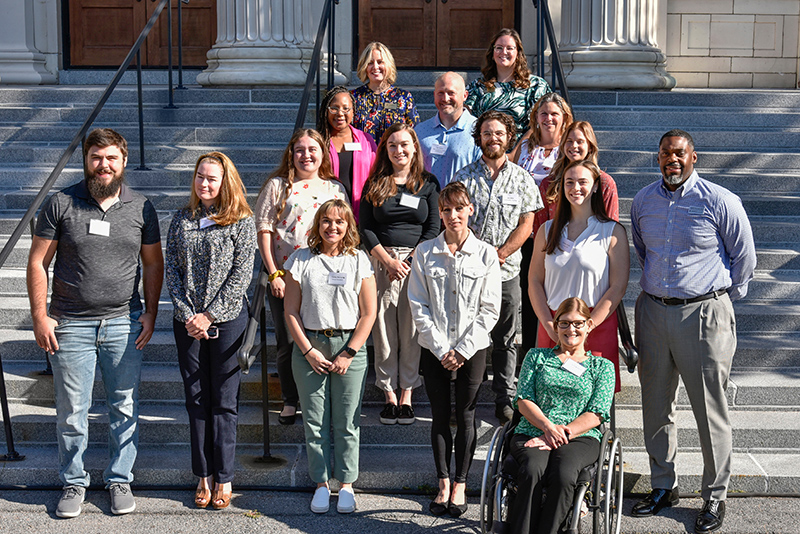 New staff members on the steps of Sheldon Hall 