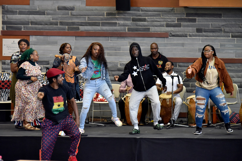 The Wuza-Wuza Ghanaian drumming and performance group gave a drumming and dance workshop Sept. 22 in the Marano Campus Center food and activity court. 