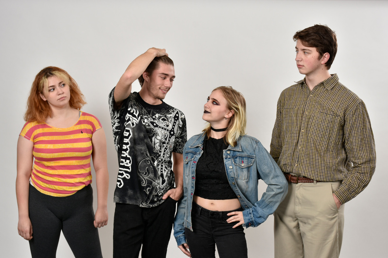 The SUNY Oswego Theatre Department presents “After Ashley,” the honors capstone production directed by student Nicholas Sweet that opens Nov. 9 in Tyler Hall's lab theatre. Cast members, from left, Claire Bosley, Brock Whaley, Allie Long and Sean Hurley get into their character roles in this publicity photo.