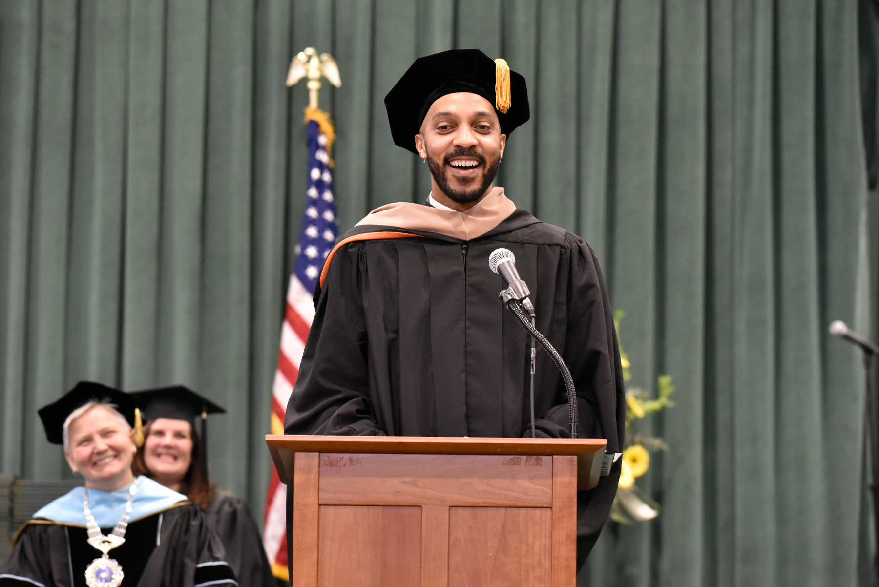 Alumnus Cameron Jones served as Commencement speaker for SUNY Oswego's December Commencement Dec. 10 in the Deborah F. Stanley Arena and Convocation Hall. Jones, a 2009 SUNY Oswego broadcasting and mass communication graduate, is manager of development for integrated content strategy for ABC News Studios.