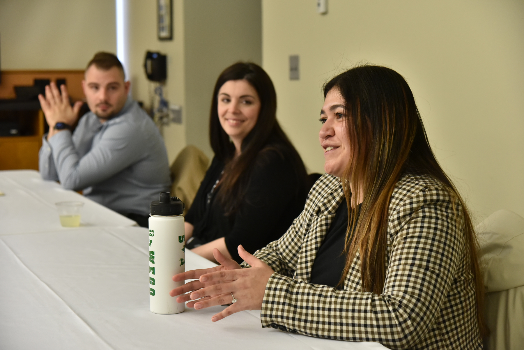 The Imagine 2023 College of Liberal Arts and Sciences (CLAS) Alumni Panel discussion held Jan. 31 in 114 Marano Campus Center for current students, featured psychology and human-computer interaction alumna Jamie Garcia (pictured at right) '15 M'17, user experience researcher for SRC; Jackie Campbell Wallace '02 M'04, associate director of career education at SUNY Oswego; and political science and global and international studies alumnus Joe Gorsuch '16, advisory senior consultant, Deloitte. 