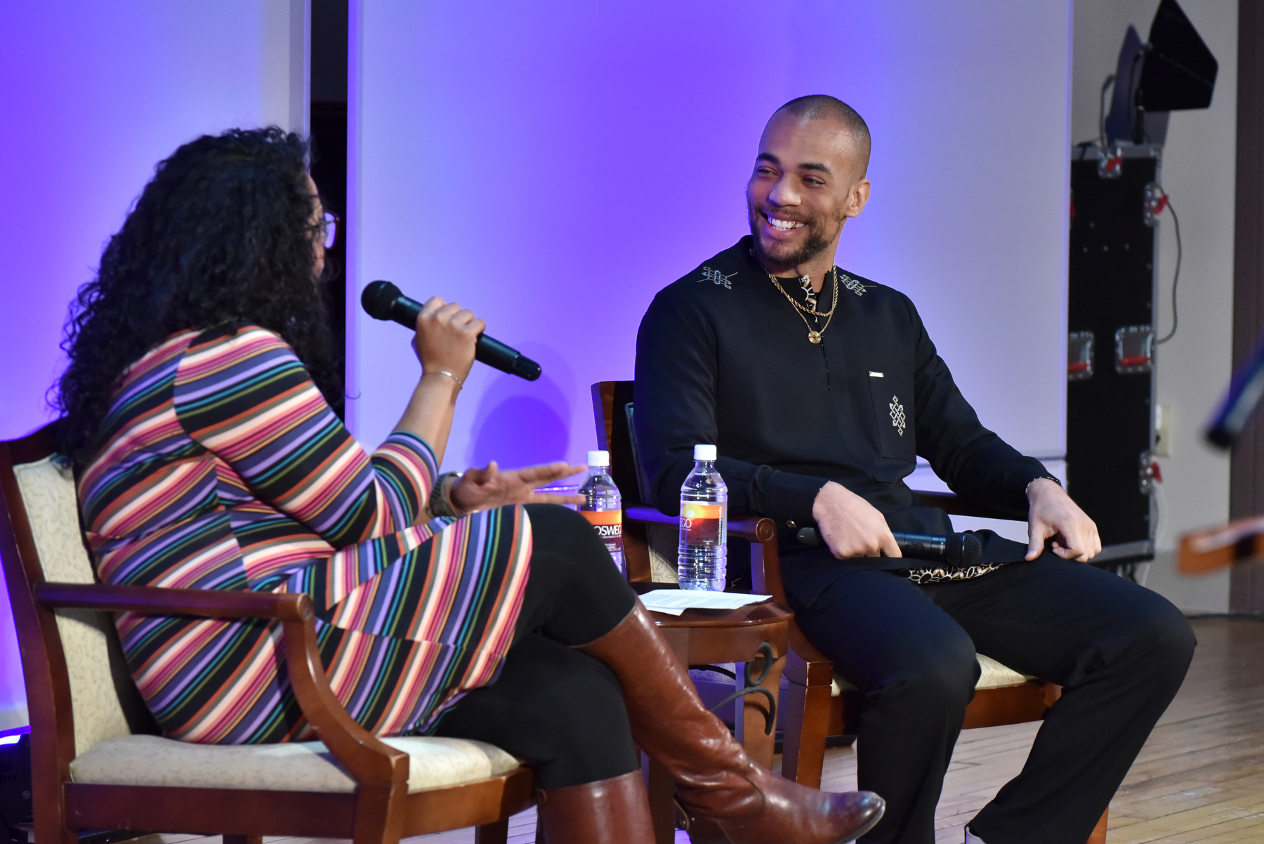 The 34th annual Martin Luther King Jr. Celebration's 34th annual Martin Luther King Jr. Celebration, Feb. 1 in Sheldon Hall Ballroom, featured student performances and singing by the Oswego Gospel Choir, historical recitations from King’s words and remarks from students and members of the faculty and administration. The keynote speaker was actor and activist Kendrick Sampson, pictured here interviewed on stage by criminal justice department faculty member Celinet Duran-Jimenez