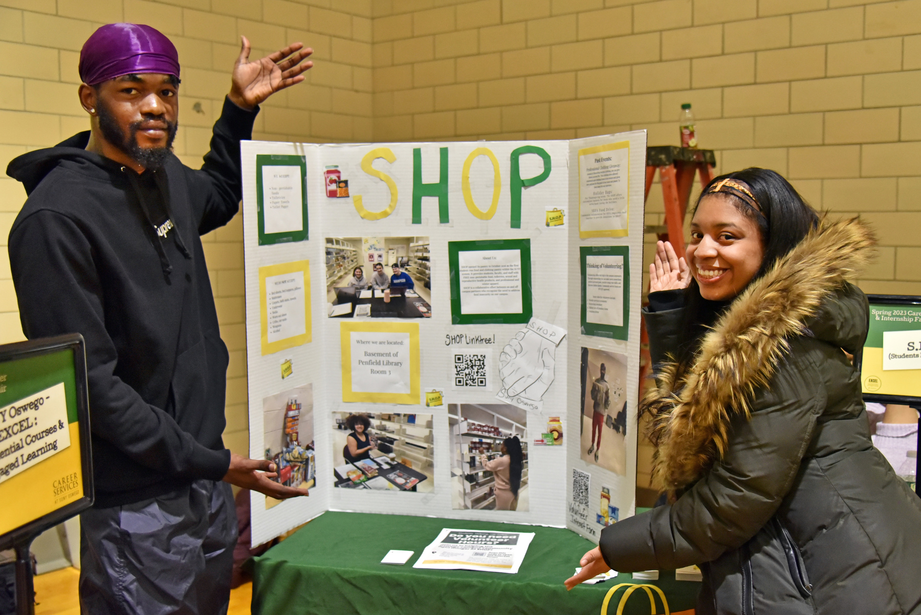 The Spring Career and Internship Fair, held March 8 in Swetman Gymnasium, also put a spotlight on student organizations, such as the student-run SHOP (Students Helping Oz Peers) food pantry located in Penfield Library, which provides students with non-perishable food items, winter clothing and personal care products.