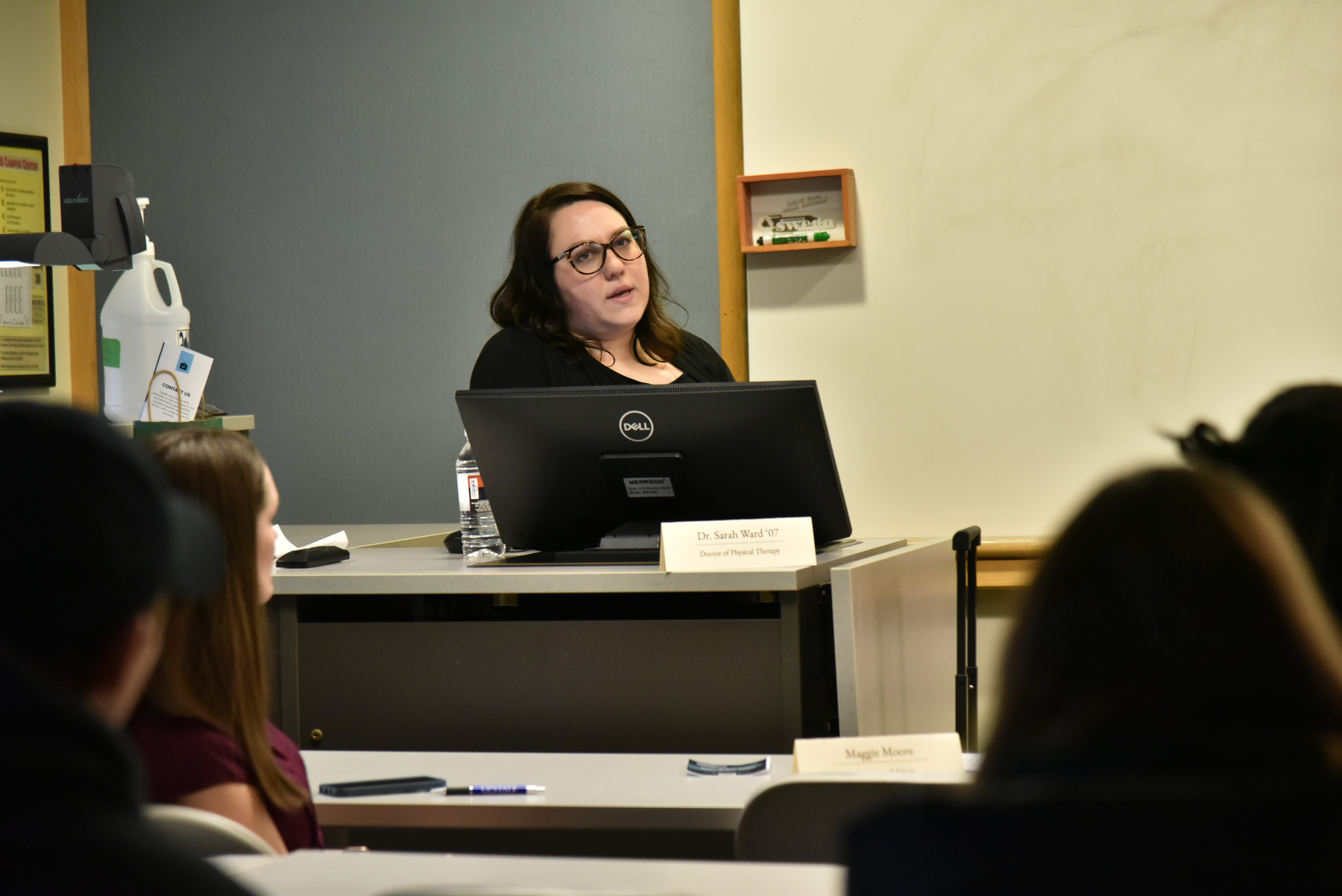 Sarah Ward, a 2007 alumna (pictured) and a physical therapist with Visiting Nurse Association VNA Homecare, talks during the session about physical therapy during the Healthcare Careers Conference