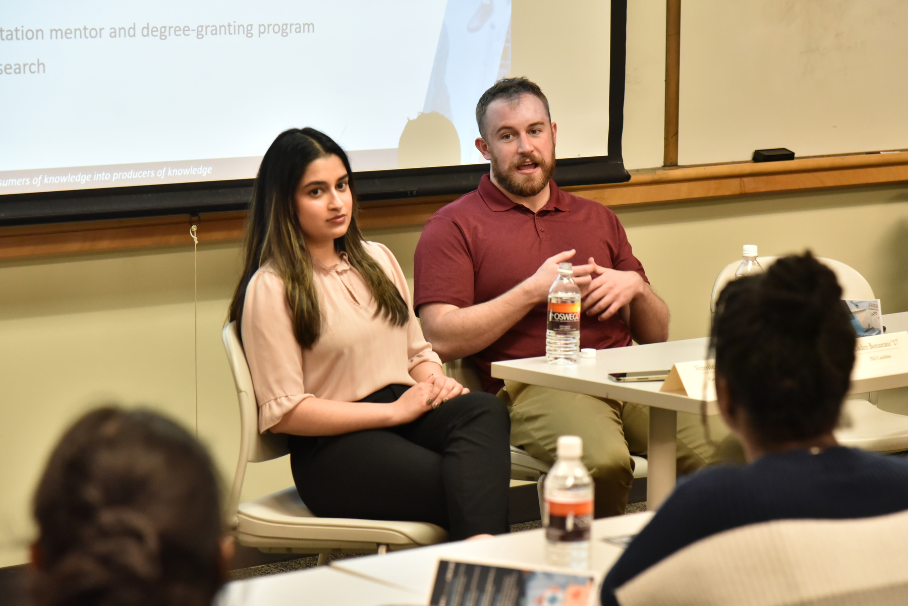 At the university’s March Healthcare Careers Conference, Veronica Singh '19, a graduate student at SUNY Upstate Medical University, and Caden Bonzerato '17, a Ph.D. Student at SUNY Upstate Medical University, discuss medical research careers.