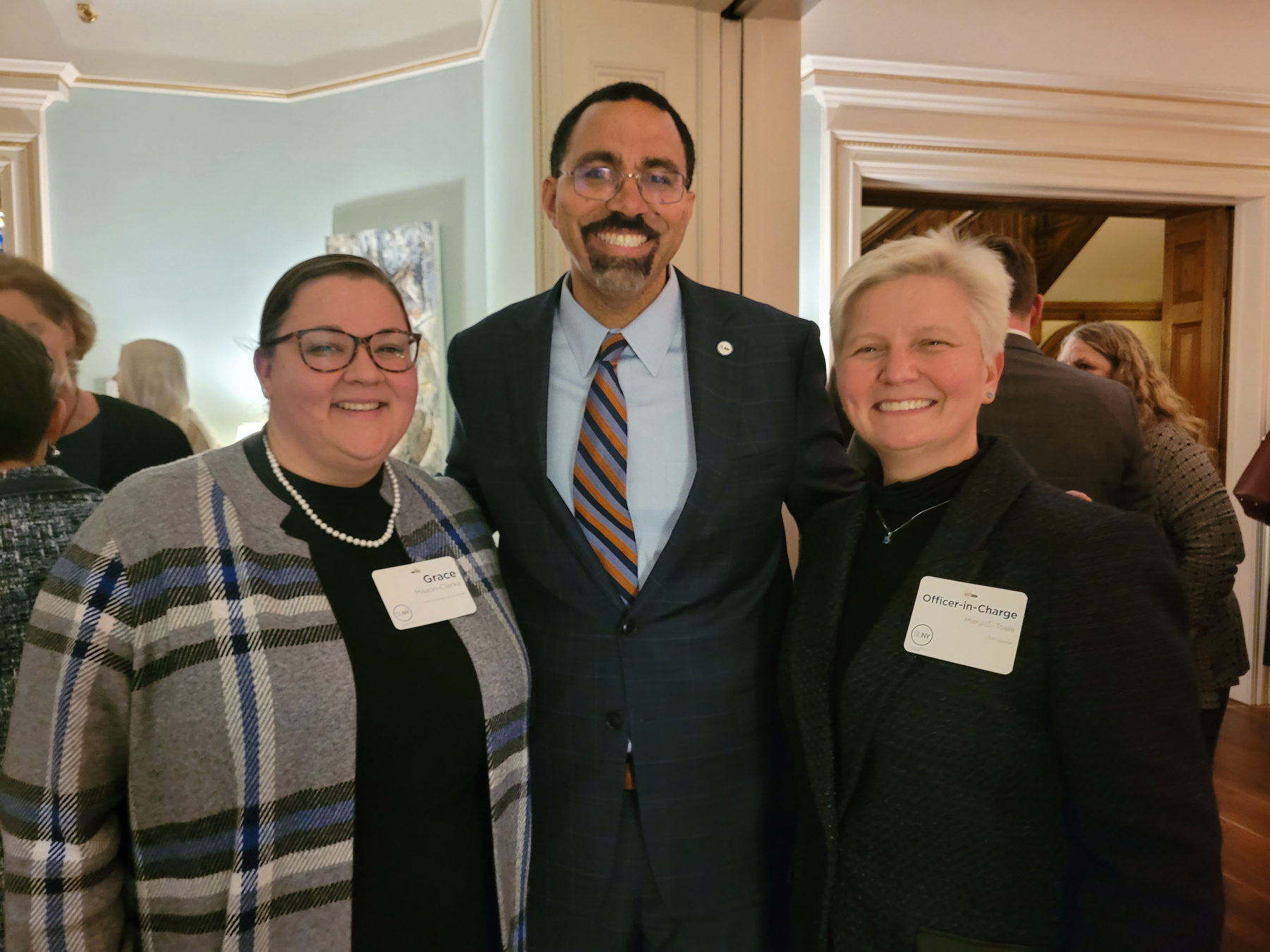 A Women’s History Month reception on March 27 in Albany included leaders and pioneers from New York state government and the SUNY system. Meeting with Chancellor John B. King Jr. are Grace Maxon-Clarke, an academic program counselor in Oswego’s Educational Opportunity Program Office at left, and Officer in Charge Mary C. Toale.