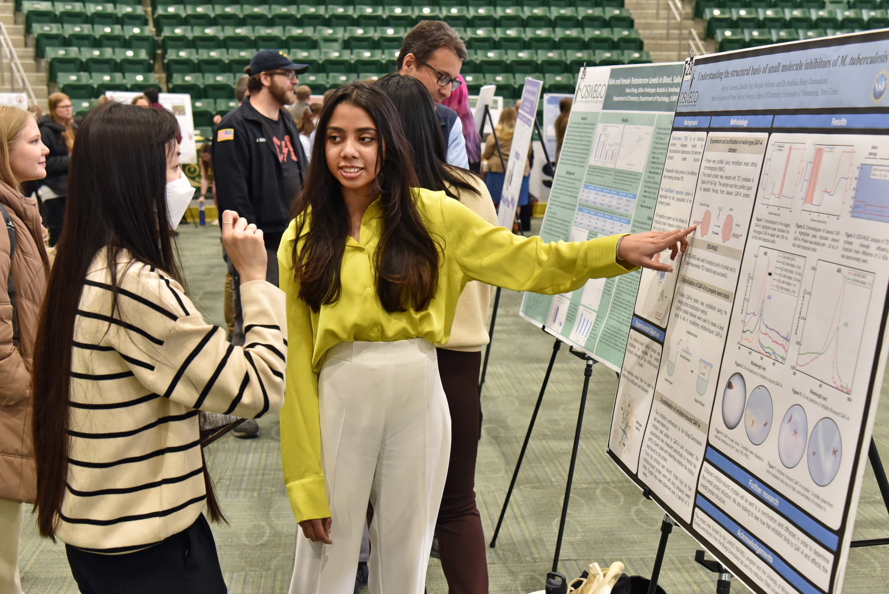 Biochemistry major Fathima Raviya Careem talks about her research into understanding the structural basis of small molecule inhibitors that bind to the GAF-A domain on the DosS/DosR regulatory system, responsible for tuberculosis dormancy, during this year’s Quest on April 19.