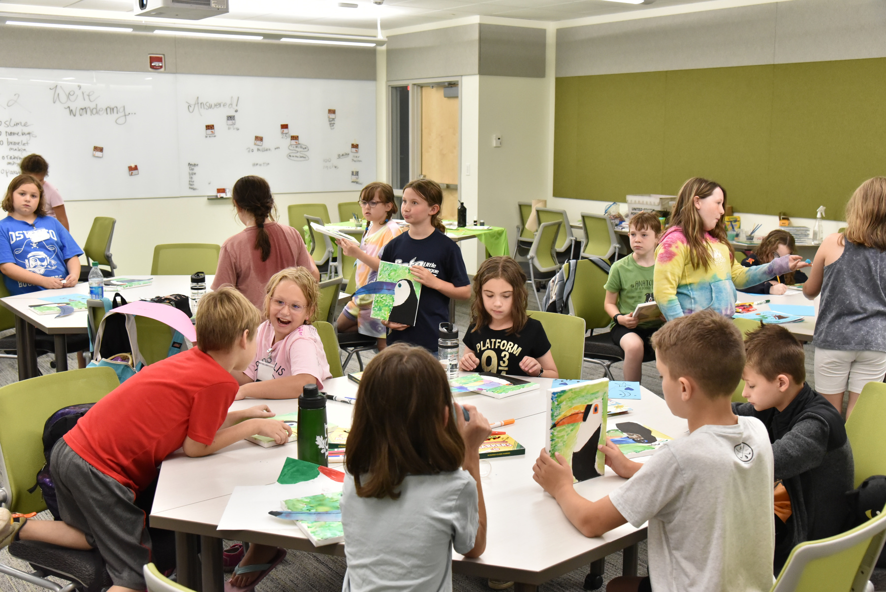 Students in the intermediate class of Sheldon Institute for Barbara Shineman Scholars program studied “The Amazing Rainforest,” which included painting tropical birds during a class in Wilber Hall.