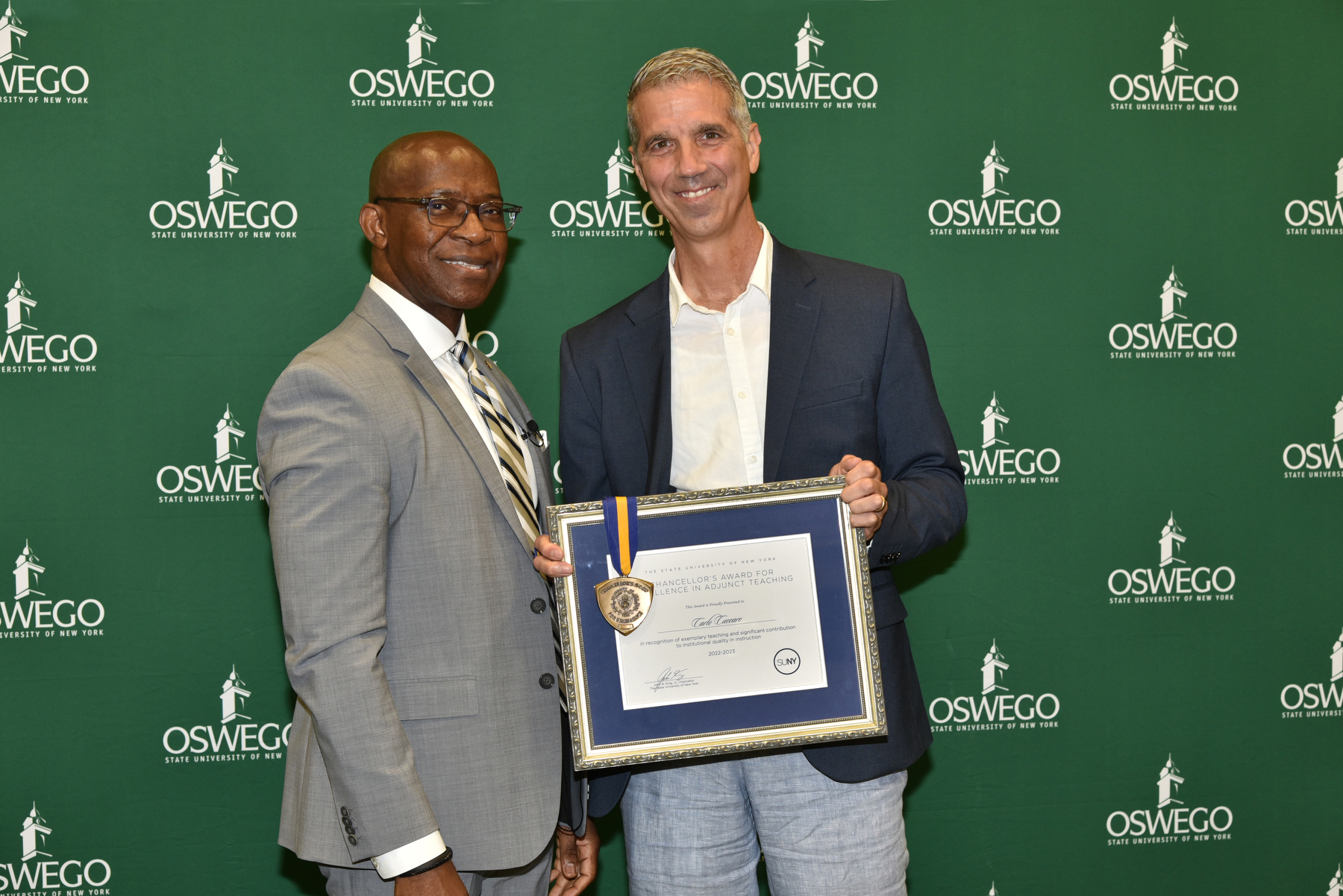 The SUNY Chancellor's Award for Excellence in Adjunct Teaching was officially presented to Carlo Cuccaro by President Peter O. Nwosu during the Opening Breakfast.