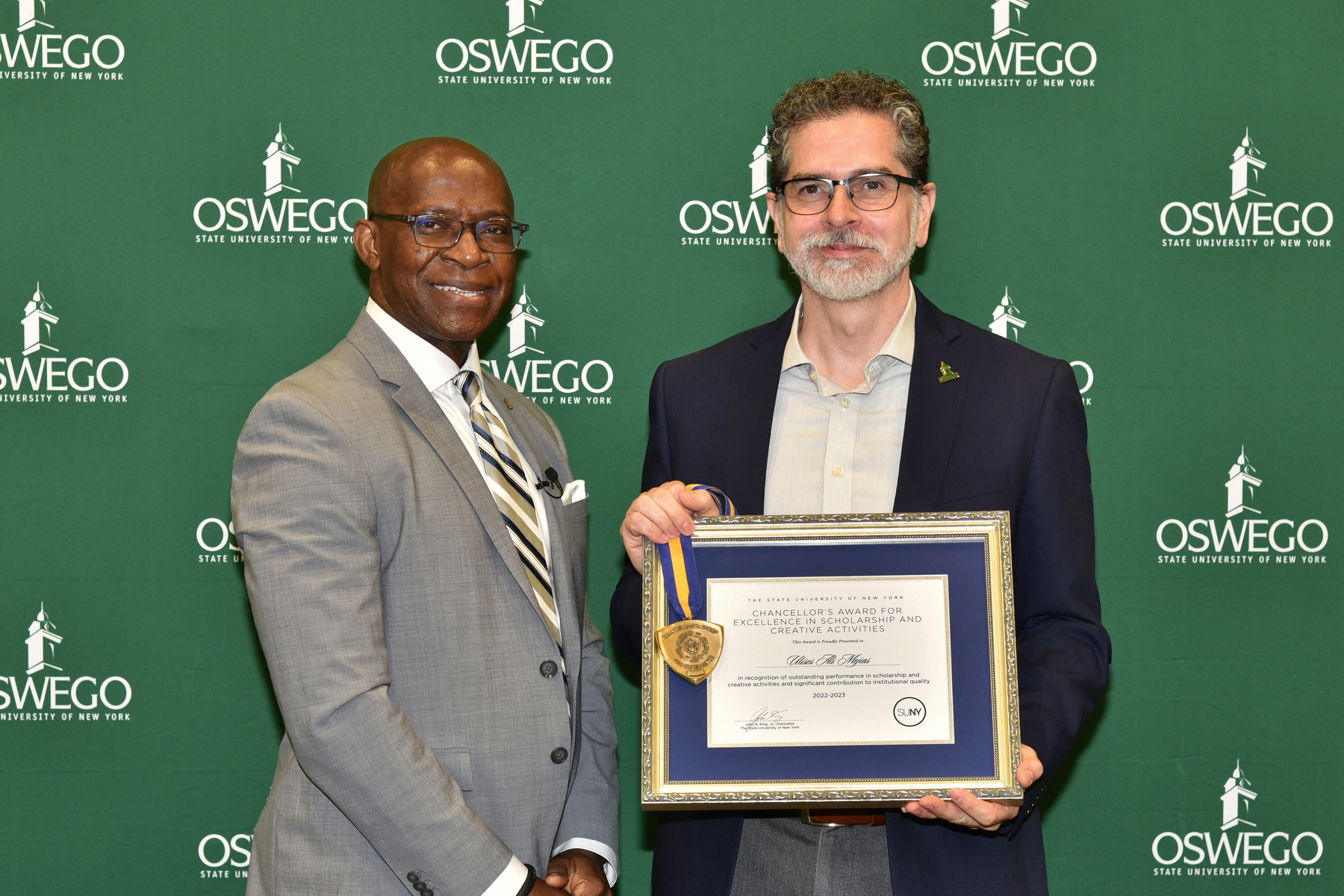 The SUNY Chancellor's Award for Excellence in Scholarship and Creative Activities was officially presented to Ulises Mejias by President Peter O. Nwosu during the Opening Breakfast.