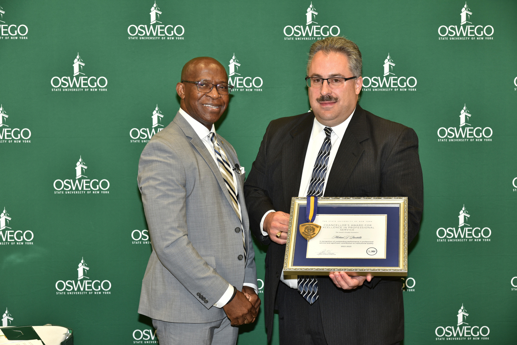 The SUNY Chancellor's Award for Excellence in Professional Service was officially presented to Michael Paestella by President Peter O. Nwosu during the Opening Breakfast.