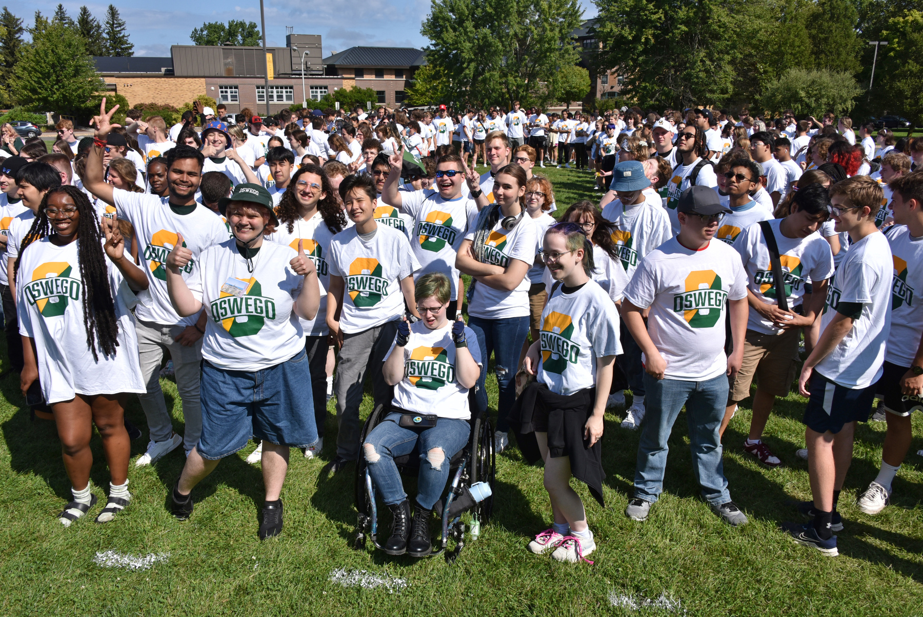 New students and volunteers gathered Aug. 26 for an "Oswego Photo" as part of Laker Launch. The photo was held at Lee Hall athletic field.