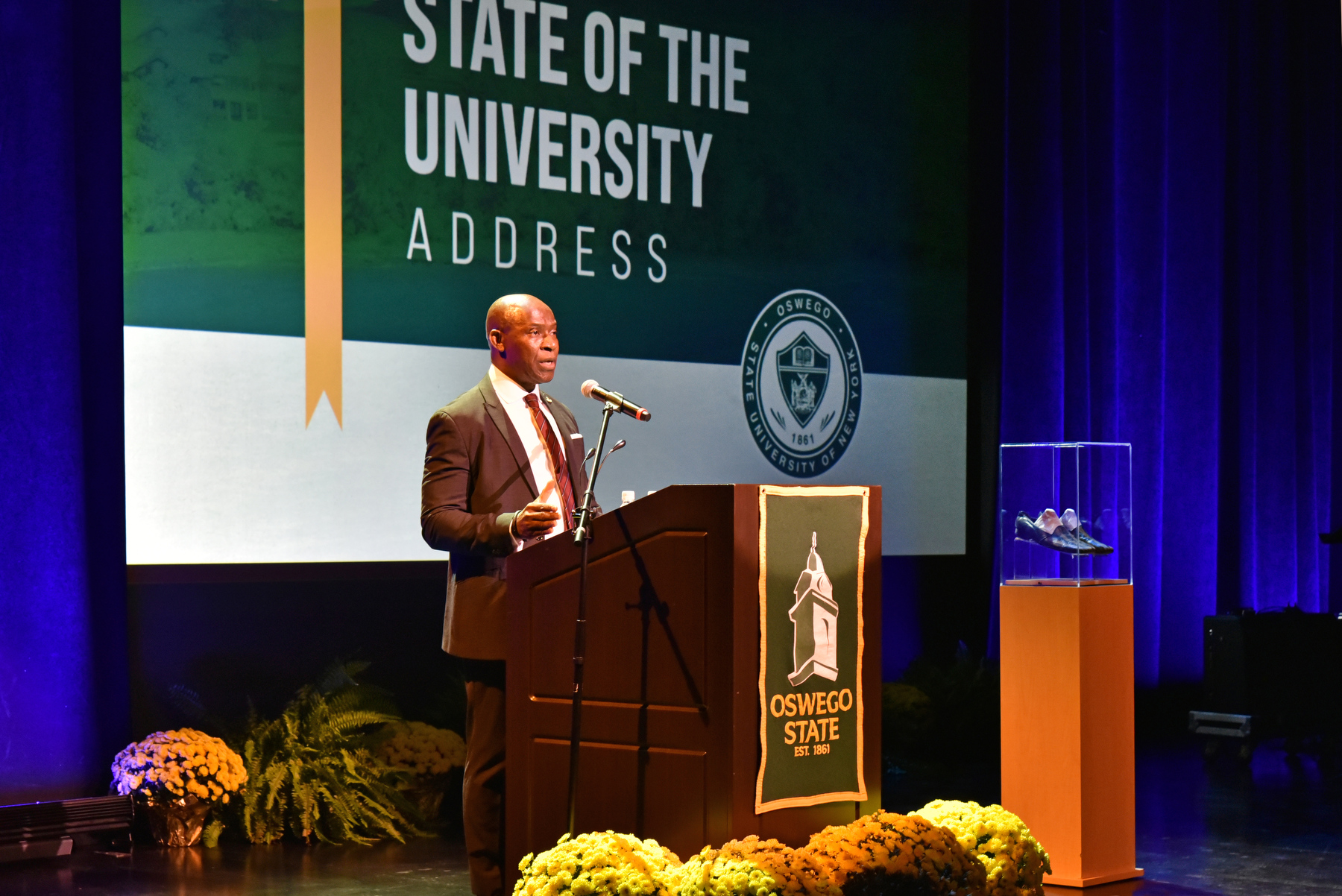 SUNY Oswego President Peter O. Nwosu delivered his inaugural State of the University Address, which laid out his Vision 4040 — a plan to double the number of graduates from 2,000 annually or 20,000 per decade to 4,000 annually and 40,000 per decade by 2040.